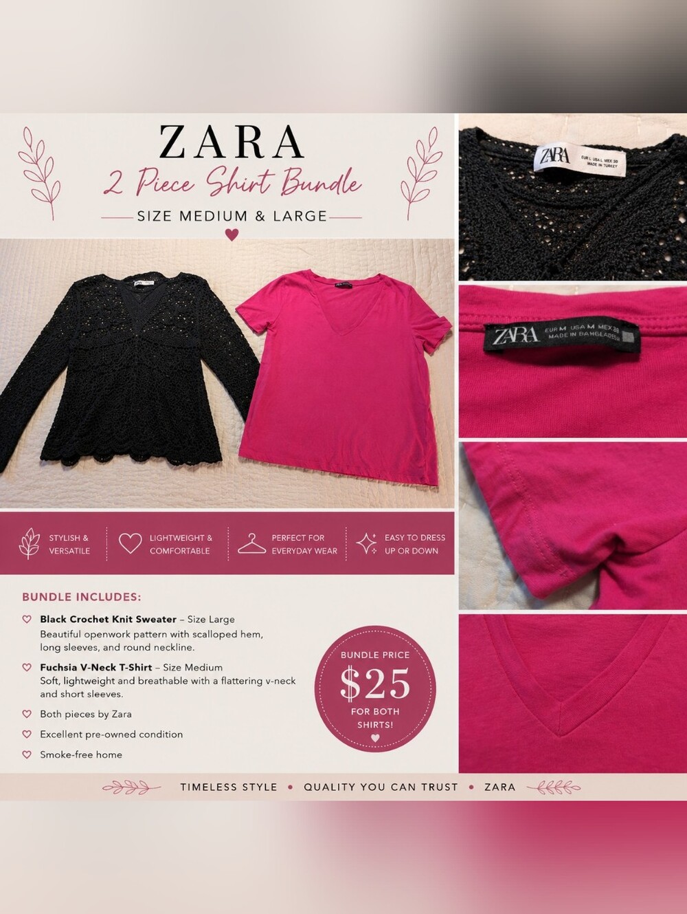 Zara 2-Piece Top Bundle | Black Crochet Sweater + Pink V-Neck Tee | Size M/L